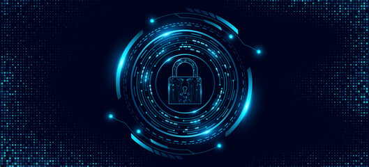 Cybersecurity background featuring a glowing digital lock icon with HUD circle and electronic elements around. Futuristic UI design for data encryption and information security. Vector illustration.