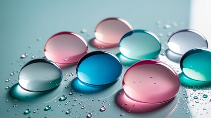 Colorful Abstract Gel Droplets, Translucent Spheres on Reflective Surface
