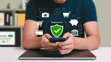 A digital Settlement transaction illustration showing hands holding a smartphone over a laptop keyboard.