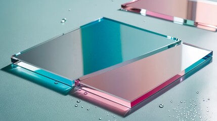 Stacked Reflective Acrylic Sheets with Water Droplets, Abstract Color Block