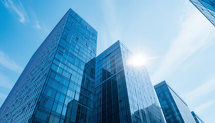 Fototapeta premium modern, sleek, glass, skyscraper, architecture, urban, cityscape, reflecting sky, minimalist, futuristic, clean lines, blue tones, angular, sharp, perspective, dramatic lighting, bold, impressive, 4K 