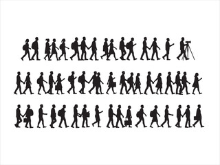 Silhouetted people walking and holding hands in rows representing unity and travel