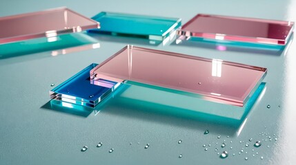 Geometric Acrylic Blocks in Pink and Blue with Water Droplets, Modern Abstract