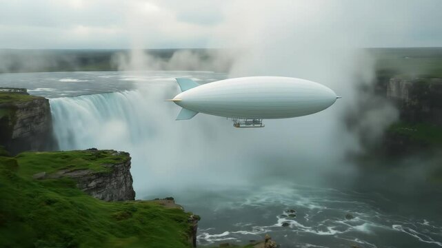 Majestic zeppelin above waterfall landscape breathtaking travel adventure