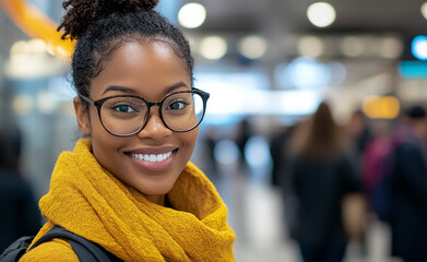 Cheerful jet-setter in hat and shades awaiting flight

