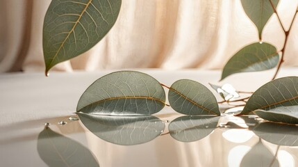 Eucalyptus Branch with Water Droplets on Beige Linen Fabric, Natural Still Life
