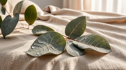 Eucalyptus Branch with Water Droplets on Beige Linen Fabric, Natural Still Life