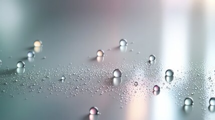 
Crystal Clear Water Droplets on Reflective Surface, Macro Purity