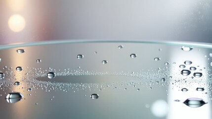 
Crystal Clear Water Droplets on Reflective Surface, Macro Purity