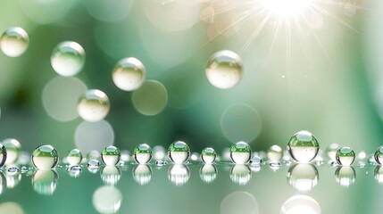 
Radiant Water Droplets on Reflective Surface with Green Bokeh Background