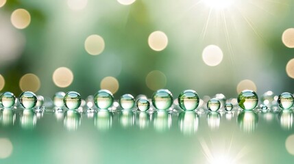 
Radiant Water Droplets on Reflective Surface with Green Bokeh Background