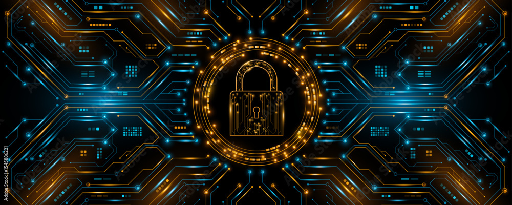 Poster futuristic cybersecurity background featuring a glowing digital lock icon with circuit board pattern