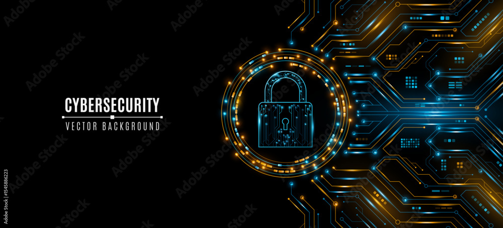 Poster cybersecurity background featuring a glowing digital lock icon with circuit board pattern and electr
