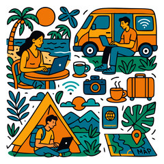 Digital Nomad Lifestyle Illustration with Remote Work and Travel Freedom