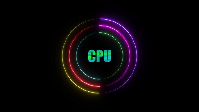 Cpu text effect technology neon circle with the word black background.