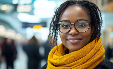 Stylish vacationer beaming in airport with travel gear

