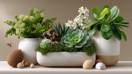A charming indoor plant arrangement with succulents, flowering greens, and tropical leaves in modern ceramic pots, accented with natural shells and textures for a calming aesthetic.