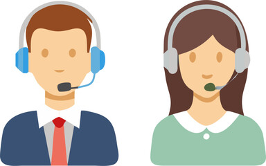 Male and Female Icons with Headsets – Customer Support, Call Center, and Communication Services Illustration