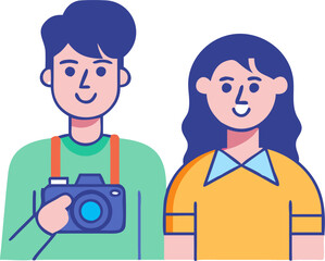 Male and Female Photographers – Photography Duo, Creative Professionals, and Camera Equipment Illustration
