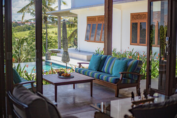Outdoor Sofa with Coffee Table on Terrace Facing Swimming Pool