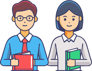 Fototapeta premium Male and Female Teachers with Books – Education, Teaching, and Knowledge Sharing Illustration