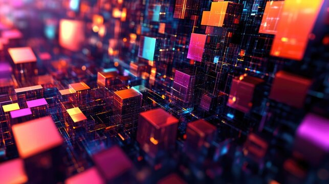 Multicolored 3D cube matrix forming a layered abstract layout with depth sharp perspective and complex digital texture elements throughout
