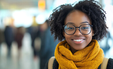 Excited traveler smiling at departure gate with vacation vibes

