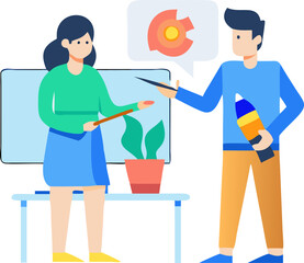 Man and Woman Designing on a Tablet – Creative Collaboration, Digital Art, and Modern Design Illustration
