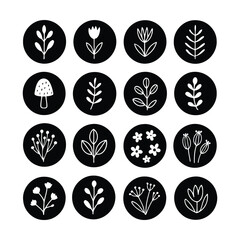 Hand Drawn Botanical Set Floral and Plant Doodles in Black Circles