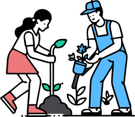 Man and Woman Gardening Together – Home Gardening, Teamwork, and Outdoor Activity Illustration
