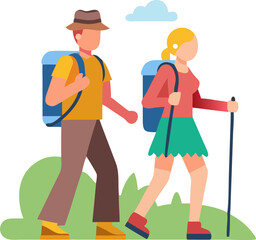 Man and Woman Hiking on a Trail – Outdoor Adventure, Nature Exploration, and Healthy Lifestyle Illustration
