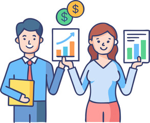 Man and Woman Holding Investment Charts – Financial Analysis, Business Growth, and Investment Planning Illustration