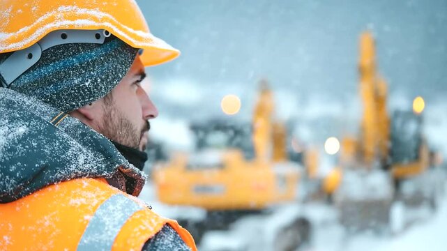 Construction worker in winter gear operating machinery in the snow