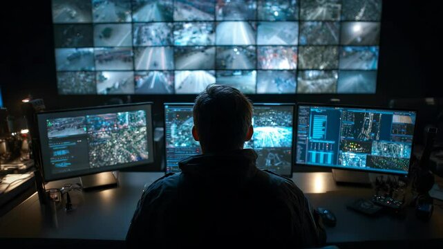 Security Control Room Operator Monitoring Multiple CCTV Screens, Surveillance System, Data Analysis, Cyber Security, and Crime Prevention in Dark Environment