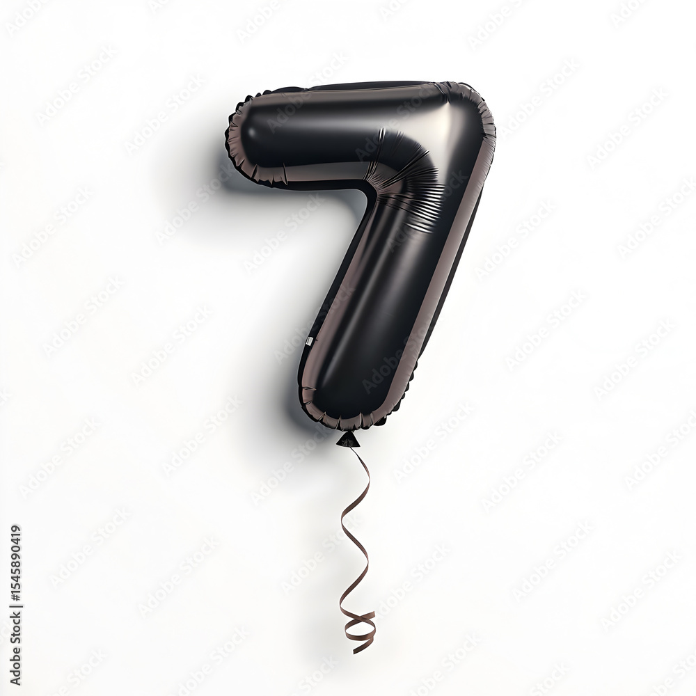 Fototapete a balloon shaped like the number 7,matte black metallic finish with realistic reflections and smooth