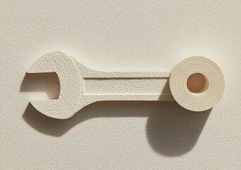 Off-white wrench and spool cast shadow on beige backdrop