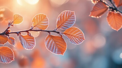 Autumn sunlight gently illuminates physocarpus opulifolius leaves kissed by frost in rich tones of orange and red against a clear calm sky
