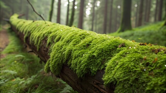 Close-up of bright green moss carpeting a fallen tree trunk, velvety texture with morning dew