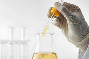 scientist hand with glove holding yellow Liquid reagent dripping into glass Erlenmeyer flask. clinical beauty aesthetic, modern scientific laboratory concept.