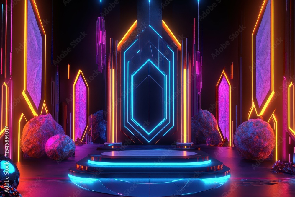 Poster vibrant image of emphasize the uniqueness of your merchandise with an image featuring a neon podium 