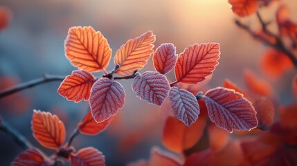 Frost touched physocarpus leaves glowing in fiery orange and red shades under soft autumn light with a peaceful sky in the background