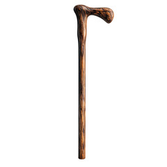 Rustic wooden walking stick antique cane handcrafted from dark wood for on transparent background