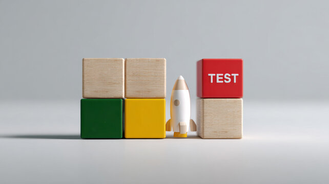 Building blocks stacked with labels plan, test