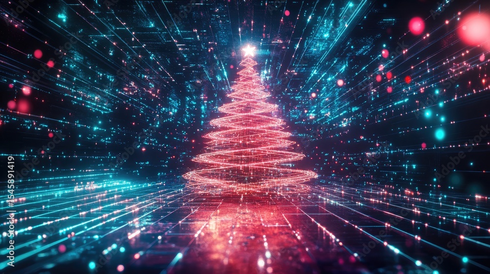Poster bright neon christmas tree structured from digital network strands and light bursts displayed in a m