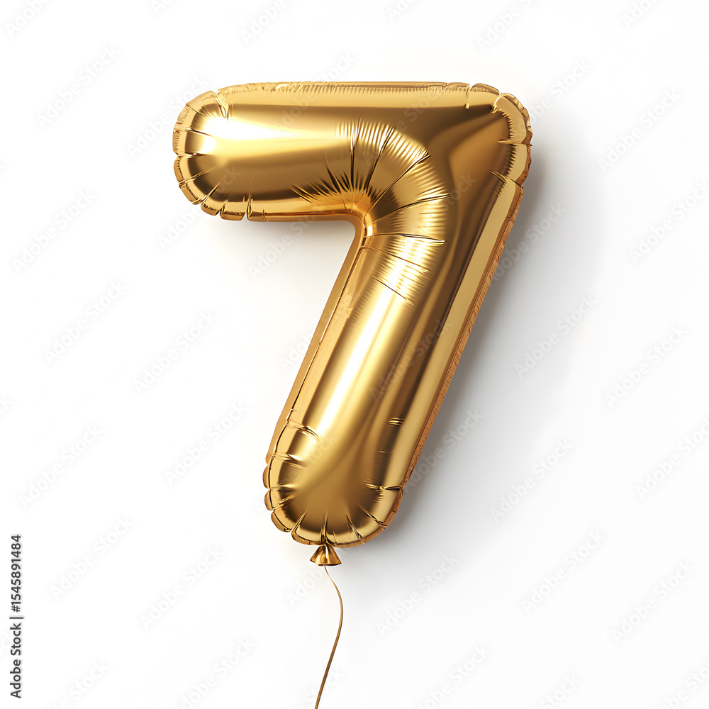 Fototapete a balloon shaped like the number 7 ,gold metallic finish with realistic reflections and smooth textu