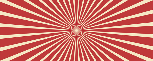 Fototapeta premium Red sunburst lines on yellow Background. Light sun rays pattern. Vintage stripes halftone radial wallpaper for poster, banner, advertising backdrop, comic or circus scene.