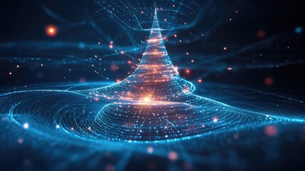 Modern tech Christmas tree glowing with blue lights and linked digital nodes on a vibrant blue backdrop showing holiday in digital future style