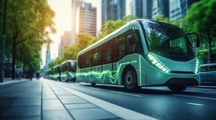 Obraz premium Electric Bus. Electric Vehicles . Urban public transport. Electric Car. Electric Vans Charging at Station. Eco-Friendly Transportation Concept with Copy Space. Clean Energy Mobility. 