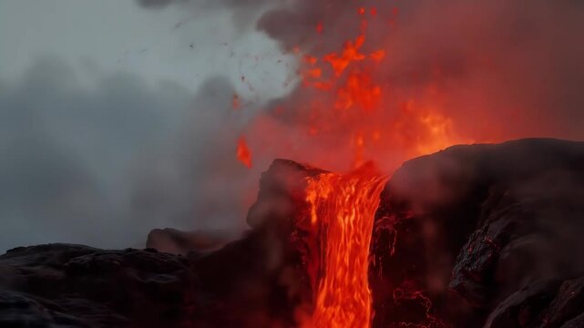 Stunning lava waterfall descending volcanic slope in dramatic nighttime volcanic eruption scene