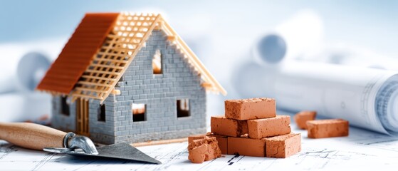 A model house under construction sits on blueprints with bricks and a trowel, symbolizing building, architecture, and planning